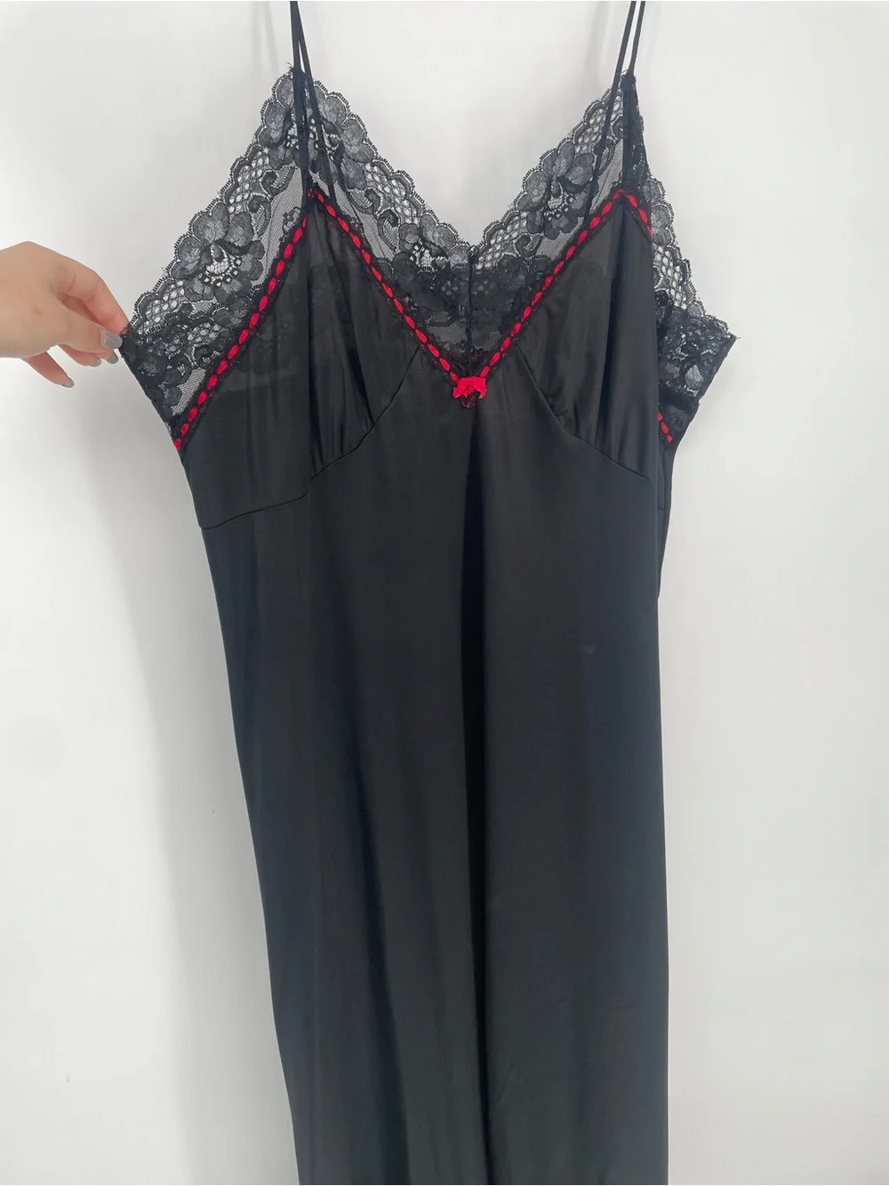 Vintage Black & Red Long Nylon Slip Nightgown Lace & Satin Ribbon Accents - Picture 4 of 13